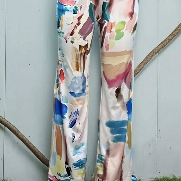 Multicolor Casual Women's All-Over Print Knitted Straight-Leg Pants - Picture 2 of 4